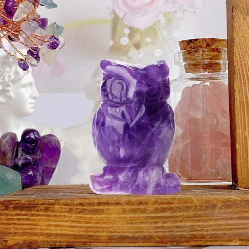 Vista 5 de QINJIEJIE Estatuas de Búho de Amatista de 2 Pulgadas, Figuras de Búhos Decorativas, Cristales de Piedra Tallados, Estatuas de Búhos de Gemas