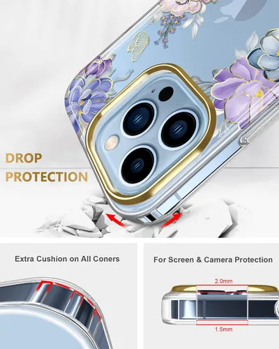 Vista 3 de Funda transparente compatible con iPhone 12 Pro iPhone 12 con purpurina y diseño de flores protectoras, a prueba de golpes, delgada, de poliuretano