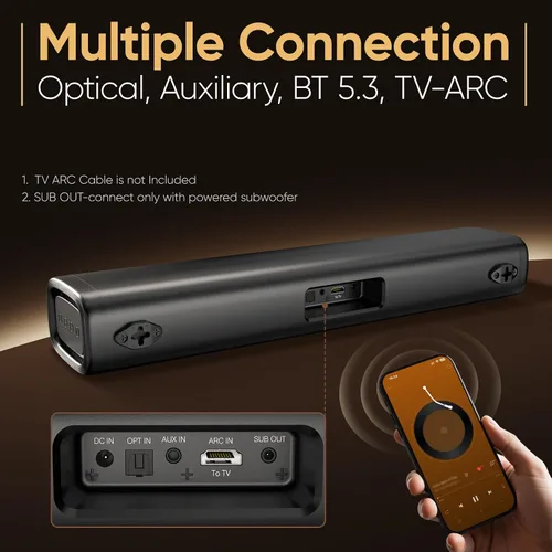 Vista 4 de Saiyin Barra de sonido Bluetooth de 60W para Smart TV, TV-ARC/óptico/AUX Negro