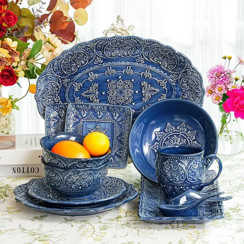 Vista 7 de Sungmor Vajilla Fina de Gres en Relieve para Cenas Elegantes, Juego de Platos de Cena de Porcelana de Estilo Barroco Antiguo de 2 Piezas