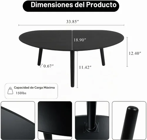 Vista 3 de Mesa auxiliar ovalada pequeña de mediados de siglo moderna para sala de estar, mesa central, mesa de centro de madera maciza, madera natural