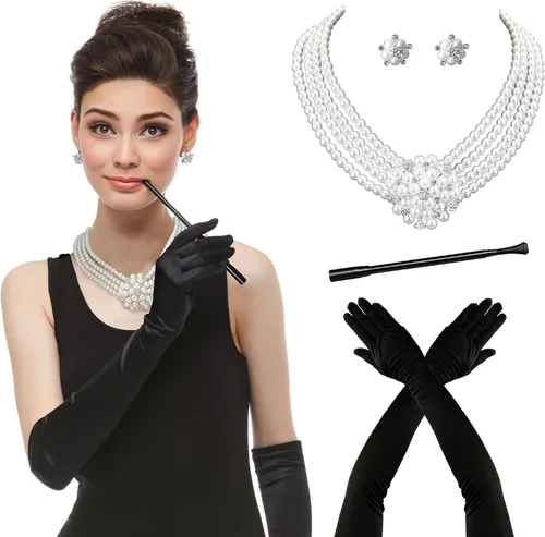 Vista 2 de Zivyes Audrey Hepburn Holly Golightly Breakfast at Tiffanys - Accesorio para disfraz, collar y guantes