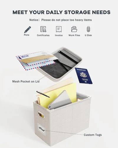 Vista 4 de Oterri Caja organizadora de archivos con tapa, caja de archivos colgante con bolsillo de malla, caja organizadora de documentos para archivos