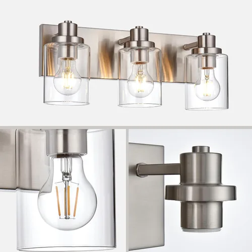 Vista 6 de Lámpara de tocador de baño de 3 luces de níquel cepillado, accesorios de iluminación sobre espejo con pantalla de vidrio transparente, modernos