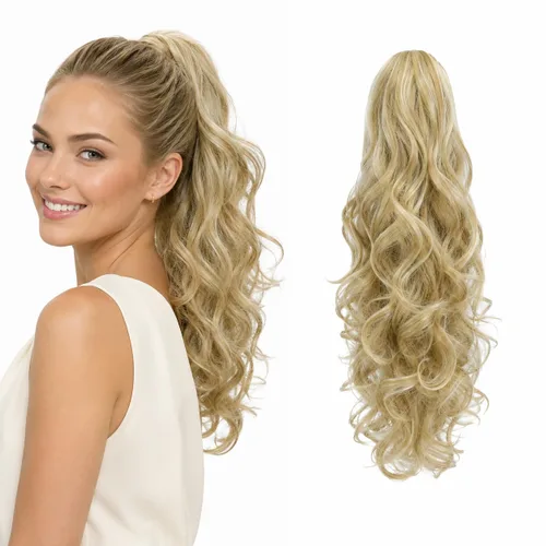 Vista 13 de CAISHA Extensiones de cola de caballo de 18 pulgadas, voluminosas, onduladas, marrón ceniza, mezcla de rubio claro PH35