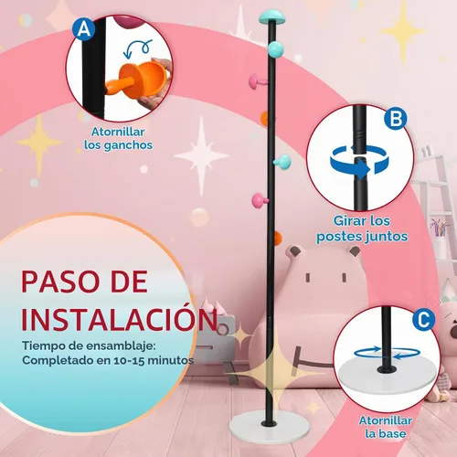 Vista 7 de Perchero independiente de metal resistente para niños, 7 ganchos redondos de hongos y base de cuarzo de mármol resistente, bolsa de ropa colgante