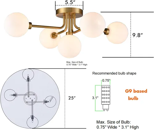 Vista 2 de CLAXY Sputnik - Lámpara de techo dorada semiempotrada con pantallas de globo para dormitorio, comedor, pasillo