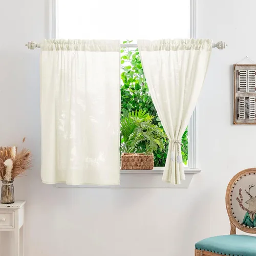 Vista 2 de Yancorp - Cortinas cortas de lino texturizado beige, estilo cafetería de granja, 24" de ancho x 24" de largo, para ventanas pequeñas de baño, cuarto