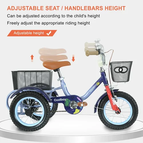Vista 6 de Triciclo de 12 pulgadas, triciclo para niños, triciclo para niños, para edades 3+ ciclistas principiantes, con cesta delantera y trasera y asiento