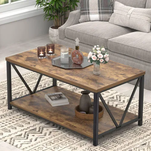 Vista 11 de EXCEFUR Mesa de centro pequeña, mesas modernas para sala de estar con estante de almacenamiento, mesa central rectangular de madera rústica, mesa
