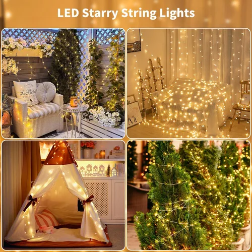 Vista 7 de Guirnalda de luces a pilas con temporizador de control remoto, 33 pies, 100 luces LED, impermeables, 8 modos, alambre de cobre, luces blancas Blanco