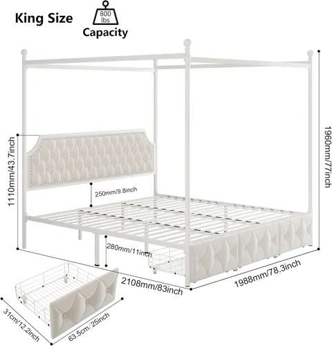Vista 2 de Keyluv - Marco de cama con dosel tapizado tamaño King con 3 cajones y cabecera tapizada con botones, cama de plataforma metálica con 4 postes Beige