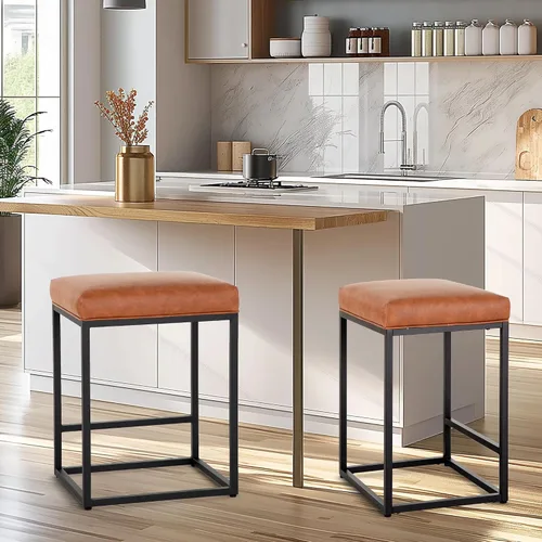 Vista 8 de Juego de 4 taburetes de bar marrones para encimera de cocina, taburetes de bar modernos sin espalda de 24 pulgadas, taburetes de bar industriales