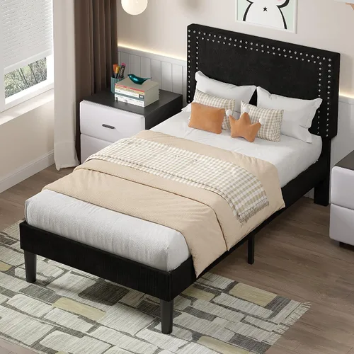 Vista 69 de VECELO Base de cama de plataforma de tamaño individual con cabecera tapizada de altura ajustable, base de colchón moderna, soporte de listones