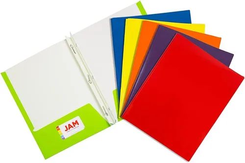 Vista 23 de JAM PAPER Carpetas escolares laminadas de dos bolsillos brillantes con 3 agujeros, color negro, paquete de 3