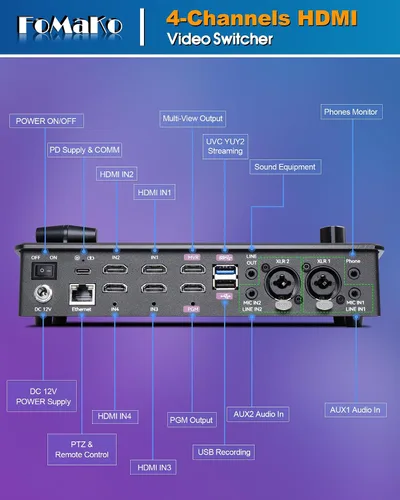Vista 6 de FoMaKo 5.5 pulgadas FHD LCD pantalla 4 canales HDMI transmisión en vivo conmutador 1080p 60FPS Grabación de video USB USB3.0 HDMI Conmutador