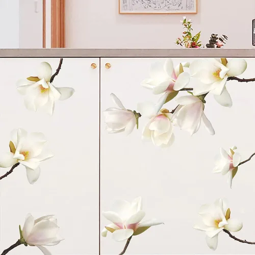 Vista 3 de Runtoo Calcomanías de pared 3D de flores blancas Magnolia Floral para niñas, dormitorio, sala de estar, decoración de pared