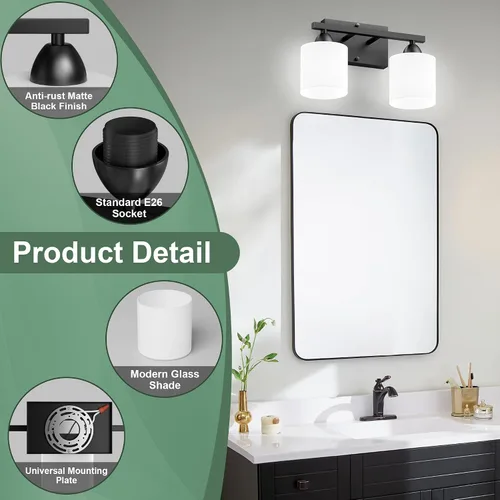Vista 2 de Luces de baño negras sobre espejo, lámpara de tocador anti-óxido para baño, moderna lámpara de pared de 2 luces para sala de estar, base estándar