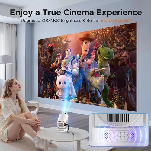 Vista 2 de Mini proyector con WiFi y Bluetooth, proyector de película portátil inteligente compatible con 4K, 300 ANSI, altavoz base de 5 W, rotación de 220°