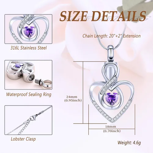 Vista 2 de Infinity Heart Urn Necklace for Women Cremation Jewelry Birthstone Pendant Necklace Memorial Keepsake Jewelry Urn Gift for Women