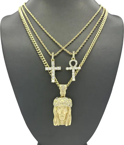 Vista 2 de Shiny Jewelers USA Juego de collar de cadena con colgante de hip hop y diseño de Jesús, manos rezando, tobillos, cruz y ángel, Metal, Circonia cúbica