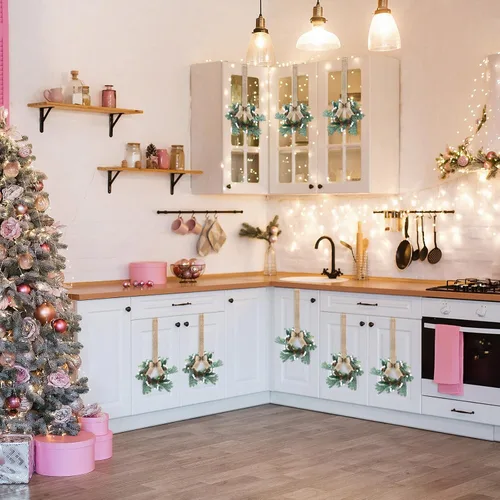 Vista 6 de Lyrow 8 piezas 20 cm Mini coronas de Navidad para gabinete de cocina con lazo de cinta, hojas artificiales, bayas, coronas colgantes para decoración