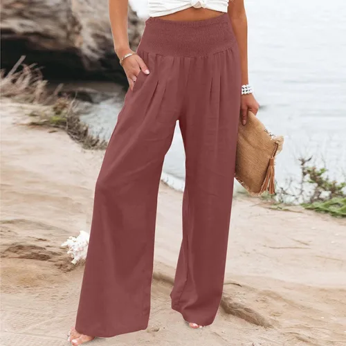 Vista 6 de PANOEGSN Palazzo - Pantalones para mujer, modernos y sólidos, de cintura alta, casuales, de pierna ancha, pantalones acampanados con bolsillos