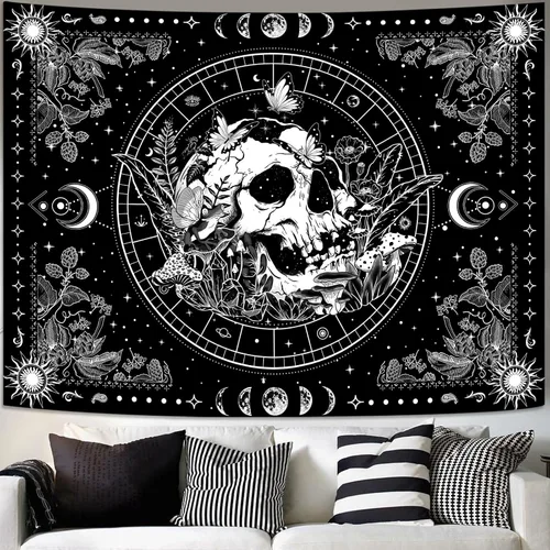 Vista 3 de Aipon Tapiz de esqueleto en blanco y negro para dormitorio, tapiz de calavera, setas, tapices hippie, plantas naturales, flores florales, tapiz