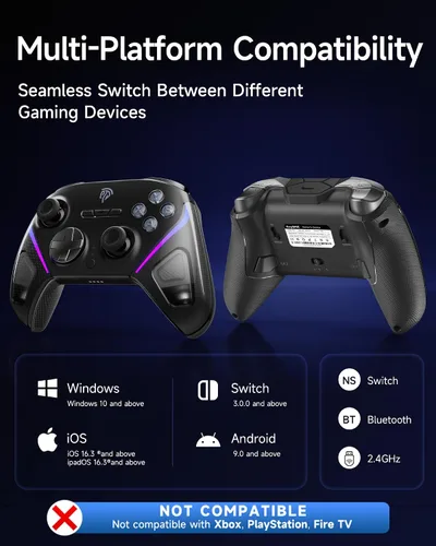 Vista 5 de EasySMX D10 Wireless Game Controller TMR Anti-Drift Joysticks, Dual-Mode Triggers, 1000Hz Polling, Mechanical Buttons, RGB Bluetooth Gamepad for
