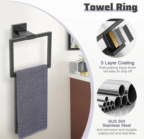 Vista 4 de Juego de Barras Portotoallas Negro Mate de 5 Piezas, Juego de Accesorios de Ferretería para Baño, Juego de Portotoallas Moderno de 23.6 Pulgadas