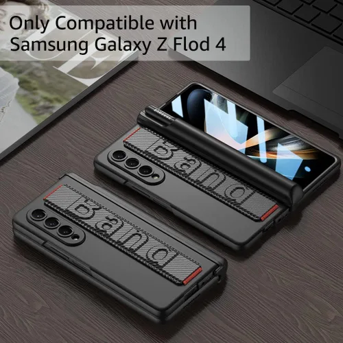 Vista 4 de Funda para Samsung Galaxy Z Fold 4 con correa para la muñeca, protector de pantalla y ranura para S Pen, bisagra magnética protectora ultradelgada a
