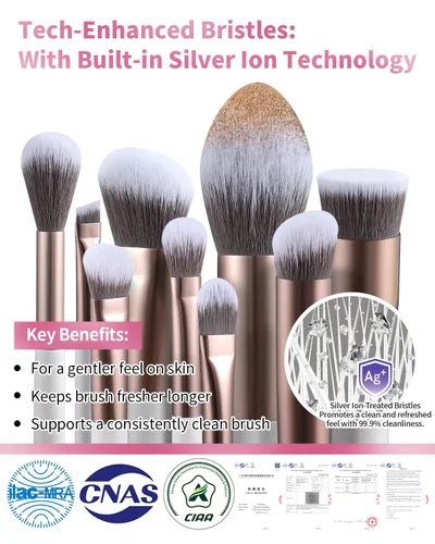 Vista 3 de EIGSHOW Juego de brochas de maquillaje, 15 brochas de maquillaje profesional con cerdas de iones plateadas para base, colorete, iluminador champán