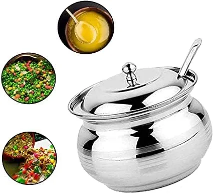 Vista 4 de Olla de almacenamiento de acero inoxidable para aceite, ghee, sal, té, café, especias, frutas secas, azúcar, olla de ghee con cuchara, recipiente