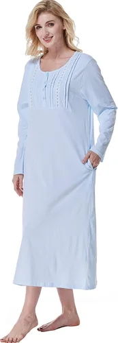 Vista 8 de Keyocean Camisones para mujer con bolsillos, 100% algodón, suave, ligero, manga larga, camisón para mujer