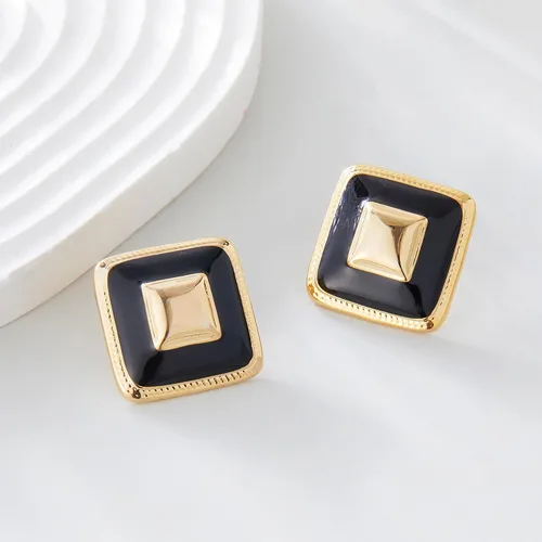 Vista 4 de Aretes gruesos de oro para mujer, aretes cuadrados de flor negra, aretes rojos llamativos, aretes delicados grandes retro, regalos de joyería