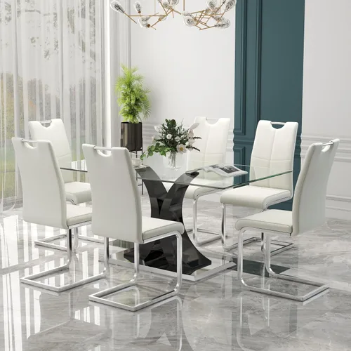 Vista 19 de Juego de comedor moderno de vidrio de lujo de 5 piezas, juego de cena rectangular minimalista grande para 4, juego de mesa de cocina de vidrio