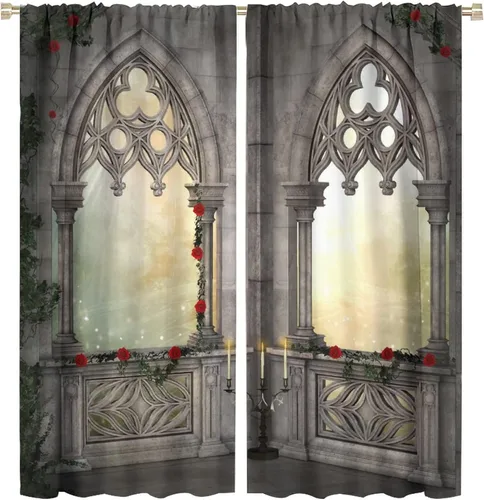 Vista 34 de Cortinas góticas con diseño de luna de Halloween, historia, puerta espeluznante, fondo de terror, vela, ficción, patrón de impresión, sala de estar