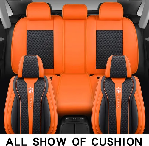 Vista 3 de LGOSG - Juego completo de fundas de cuero para asientos delanteros y traseros para sedán, SUV, 5 asientos, ajuste universal (negro naranja)