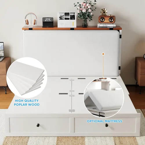 Vista 6 de PUREMIND Cama Murphy de tamaño completo con gabinete, marco de cama escondite multifuncional con cajones de almacenamiento, puertos de carga USB