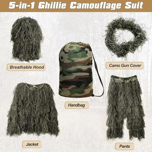 Vista 4 de DoCred Traje Ghillie 5 en 1, ropa de caza de camuflaje 3D con chaqueta, pantalones, capucha, bolsa de transporte para adultos/jóvenes, S/M/L/XL/XXL