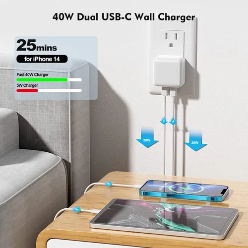 Vista 4 de Cargador rápido para iPhone, cargador para iPhone 14 [certificado MFi] de 40 W, bloque de cargador de pared plegable de doble puerto USB-C rápido