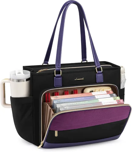 Vista 9 de LOVEVOOK Bolsa de mano para profesores, bolsa para laptop para mujer con portavasos grande y área de archivo de acordeón, bolsa de trabajo