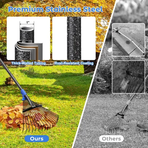 Vista 3 de Rastrillo de jardín ajustable para hojas - Rastrillo de metal resistente con cabeza expandible de 8-17" de largo, mango largo para césped, arbustos