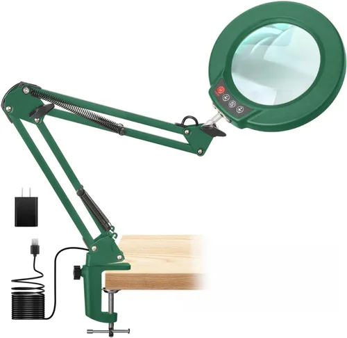Vista 13 de Lámpara de lupa de 10 aumentos con luz y soporte, lámpara de escritorio y abrazadera 2 en 1, Seylae con 5 modos de color, lupa iluminada LED