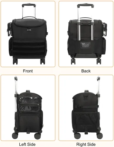 Vista 9 de Relavel Estuche de tren de maquillaje rodante, estuche de cosmetología sobre ruedas con 4 bolsas transparentes, bolsas profesionales para Negro