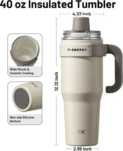 Vista 5 de TKK Vasos aislados de 40 onzas con asa y pajilla, taza de viaje de acero inoxidable con revestimiento de cerámica, taza de café helado de doble
