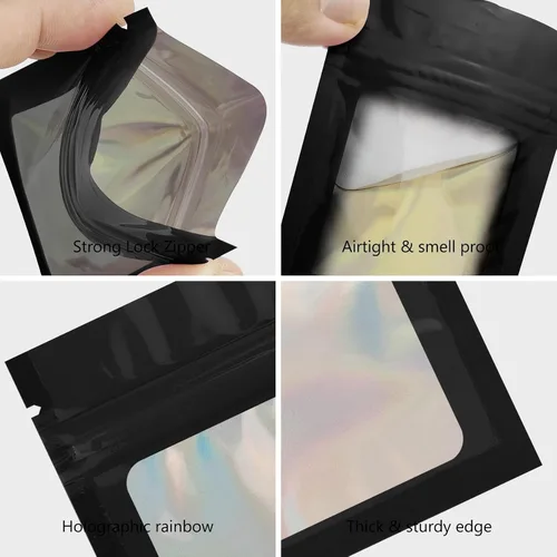 Vista 4 de 50 bolsas de Mylar negras de 2.7 x 3.9 pulgadas con ventana transparente, bolsa holográfica resellable para almacenamiento de alimentos, joyas