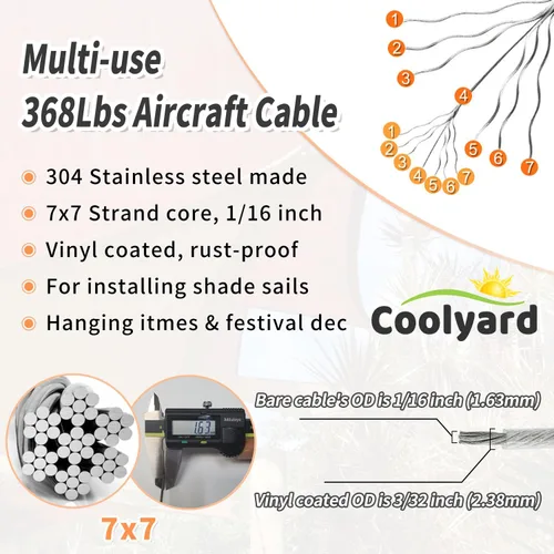 Vista 3 de COOLYARD Kit de accesorios para vela con cable de cable, cable de avión recubierto de vinilo de 48 pies (12 pies x 4), kit de colgar de 6 pulgadas