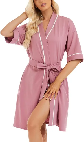 Vista 99 de COLORFULLEAF Bata de baño de manga corta para mujer, 100% algodón, longitud hasta la rodilla, con bolsillos