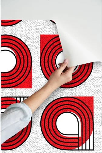 Vista 3 de Muestras de papel tapiz para despegar y pegar, Bauhaus rojo y blanco, moderno, abstracto, geométrico, círculos negros, gráfico, papel tapiz